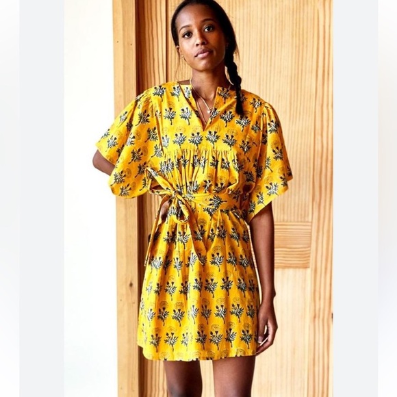 Emerson Fry Basalie Dress Floral India Collection Yellow Marigold Mini Cotton M - Picture 1 of 11
